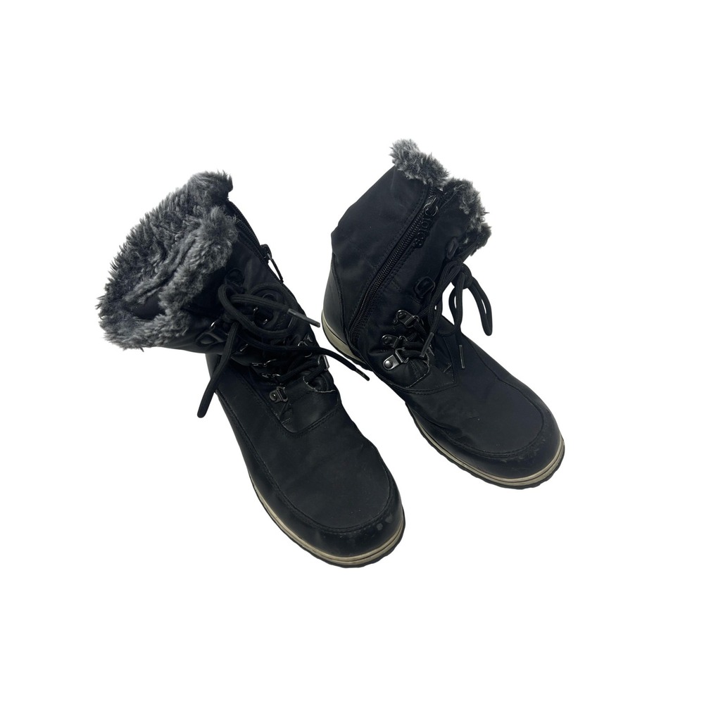 Totes Snow Boots Womens Size 7 Black Faux Fur Lined Mid Calf Zip Lace Winter